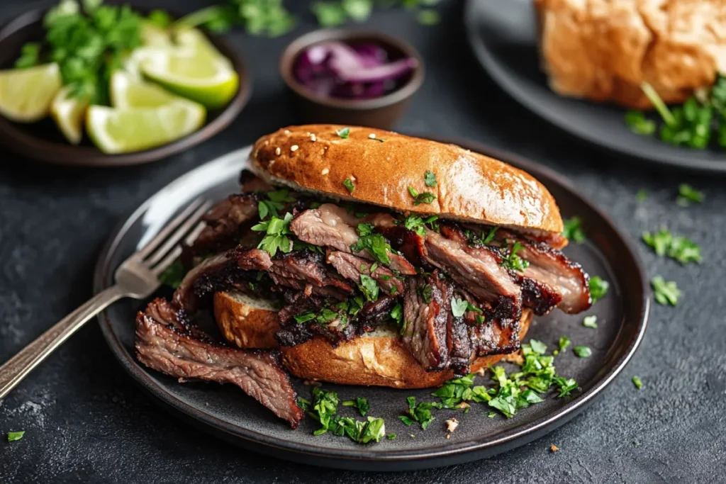 Close-up of a juicy brisket sandwich on a brioche bun, topped with coleslaw and pickles, served on a rustic wooden board with sweet potato fries, baked beans, and a glass of iced tea in the background.