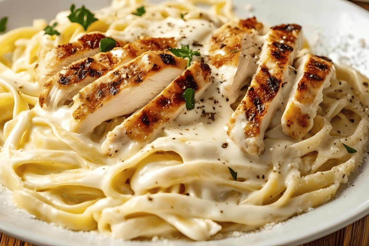 Creamy Garlic Parmesan Chicken Pasta served in a bowl with fresh parsley garnish