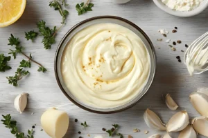 Close-up of creamy garlic parmesan sauce in a bowl with a spoon, surrounded by fresh garlic cloves and grated parmesan cheese