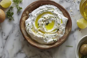 Close-up of creamy garlic parmesan sauce in a bowl with a spoon, surrounded by fresh garlic cloves and grated parmesan cheese