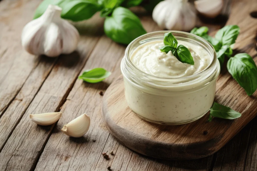 Close-up of creamy garlic parmesan sauce in a bowl with a spoon, surrounded by fresh garlic cloves and grated parmesan cheese