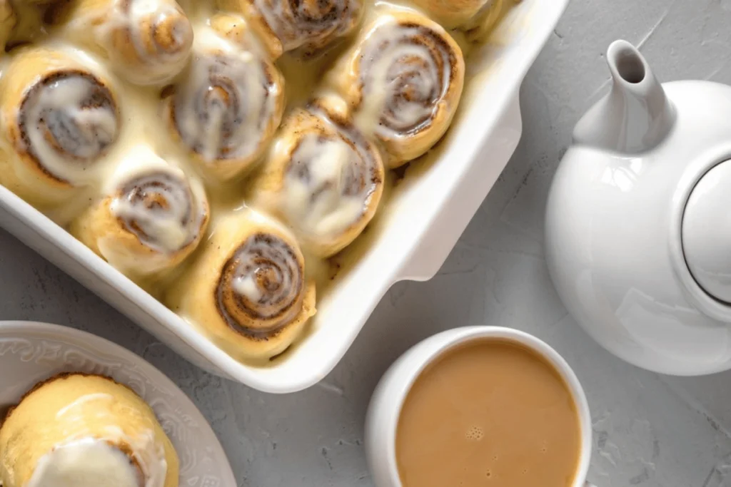 Freshly baked sourdough cinnamon rolls topped with cream cheese frosting on a rustic wooden table.