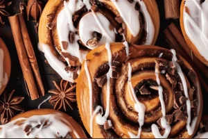 Freshly baked sourdough cinnamon rolls topped with cream cheese frosting on a rustic wooden table