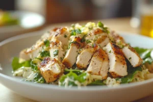 Freshly made Chicken Caesar Salad with grilled chicken, crispy croutons, and Parmesan cheese on a bed of romaine lettuce.