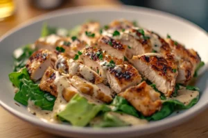 Freshly made Chicken Caesar Salad with grilled chicken, crispy croutons, and Parmesan cheese on a bed of romaine lettuce.