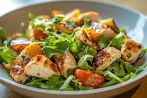 Freshly made Chicken Caesar Salad with grilled chicken, crispy croutons, and Parmesan cheese on a bed of romaine lettuce.