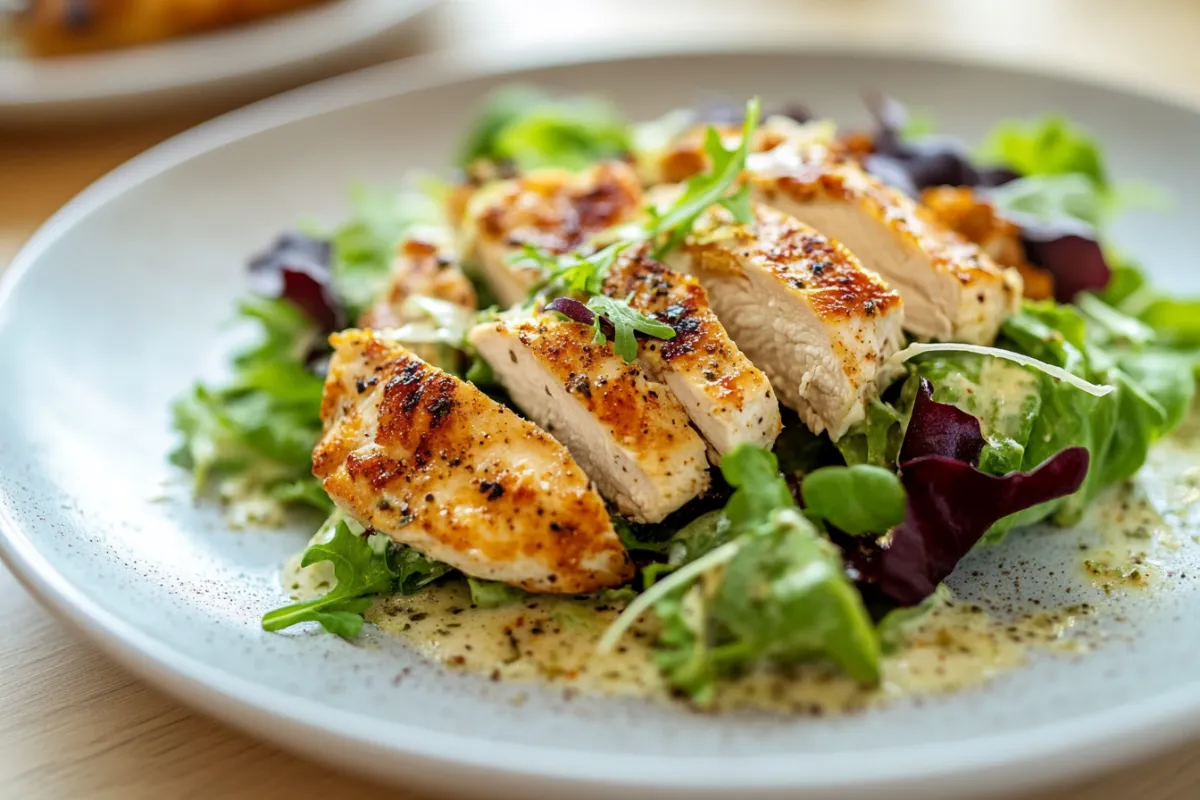 Freshly made Chicken Caesar Salad with grilled chicken, crispy croutons, and Parmesan cheese on a bed of romaine lettuce.