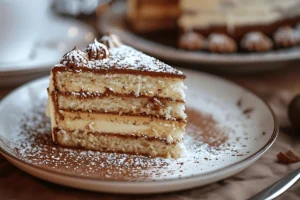 Close-up of a slice of churro cheesecake with a crispy cinnamon-sugar crust and creamy filling, topped with a sprinkle of cinnamon sugar and served on a white plate.