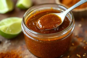 Top-down view of key ingredients for fajita sauce, including spices, lime, oil, and broth, neatly arranged on a wooden kitchen counter.