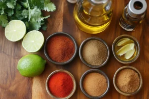 Top-down view of a homemade fajita seasoning blend in a bowl, surrounded by key ingredients like chili powder, paprika, oregano, garlic powder, and onion powder.