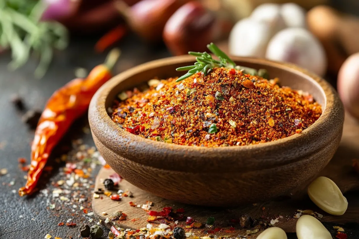 Top-down view of a homemade fajita seasoning blend in a bowl, surrounded by key ingredients like chili powder, paprika, oregano, garlic powder, and onion powder.