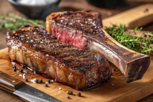 Overhead view of a perfectly grilled rebeye steak side by side on a rustic wooden board, highlighting the Tomahawk's long bone and the ribeye's rich marbling, surrounded by rosemary, sea salt, black pepper, and garlic butter.