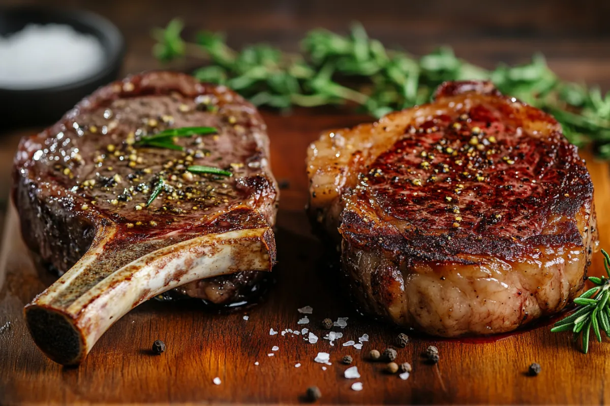 Overhead view of a perfectly grilled Tomahawk steak and ribeye steak side by side on a rustic wooden board, highlighting the Tomahawk's long bone and the ribeye's rich marbling, surrounded by rosemary, sea salt, black pepper, and garlic butter.