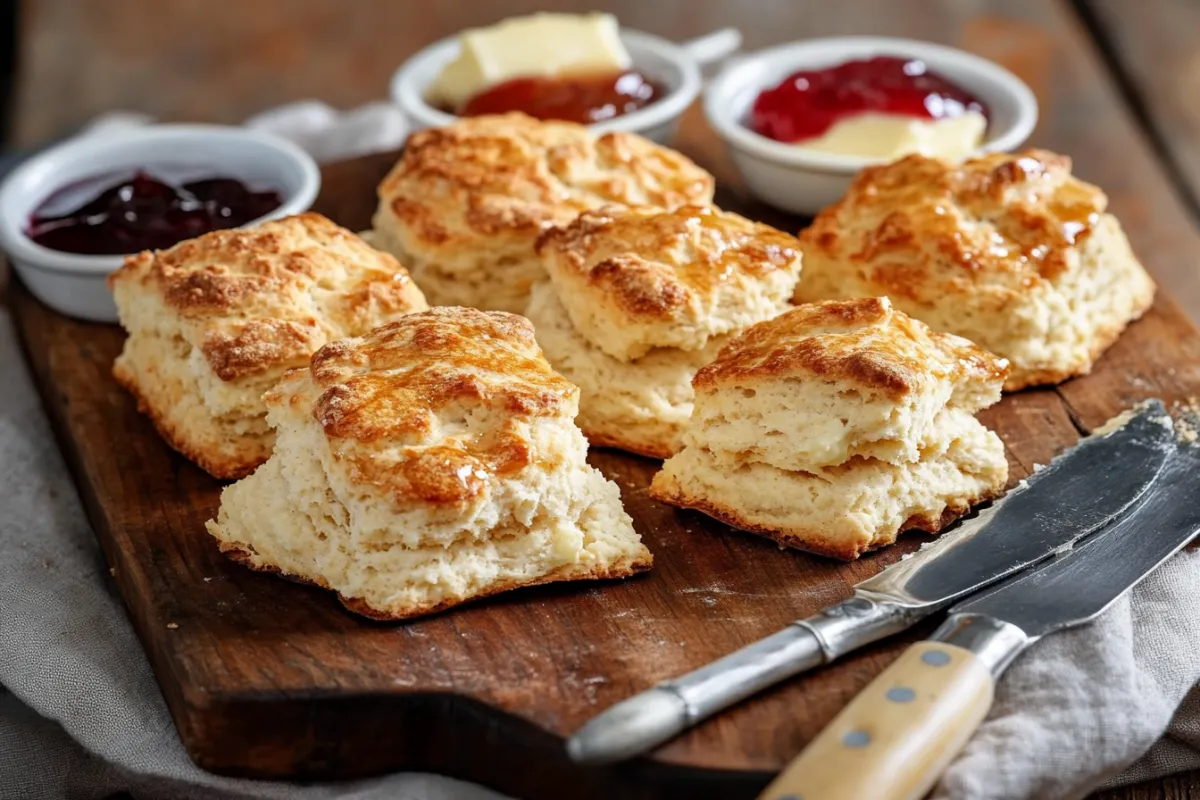 Freshly baked sourdough scones on a rustic wooden board, surrounded by small dishes of clotted cream, jam, and butter, with natural light highlighting their golden-brown, flaky texture.