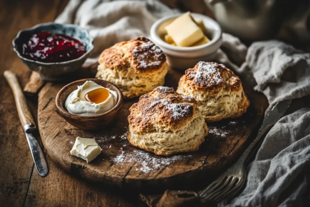 Freshly baked sourdough scones on a rustic wooden board, surrounded by small dishes of clotted cream, jam, and butter, with natural light highlighting their golden-brown, flaky texture.