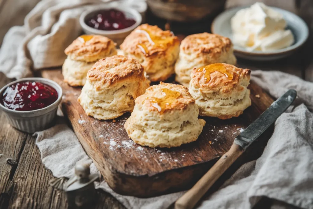 Freshly baked sourdough scones on a rustic wooden board, surrounded by small dishes of clotted cream, jam, and butter, with natural light highlighting their golden-brown, flaky texture.