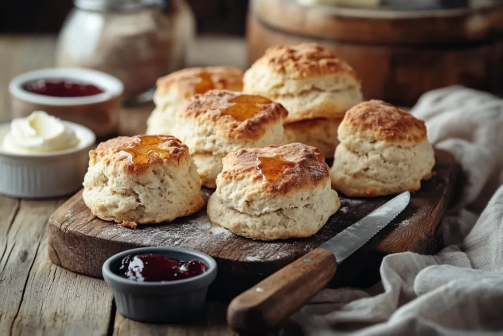 Freshly baked sourdough scones on a rustic wooden board, surrounded by small dishes of clotted cream, jam, and butter, with natural light highlighting their golden-brown, flaky texture.