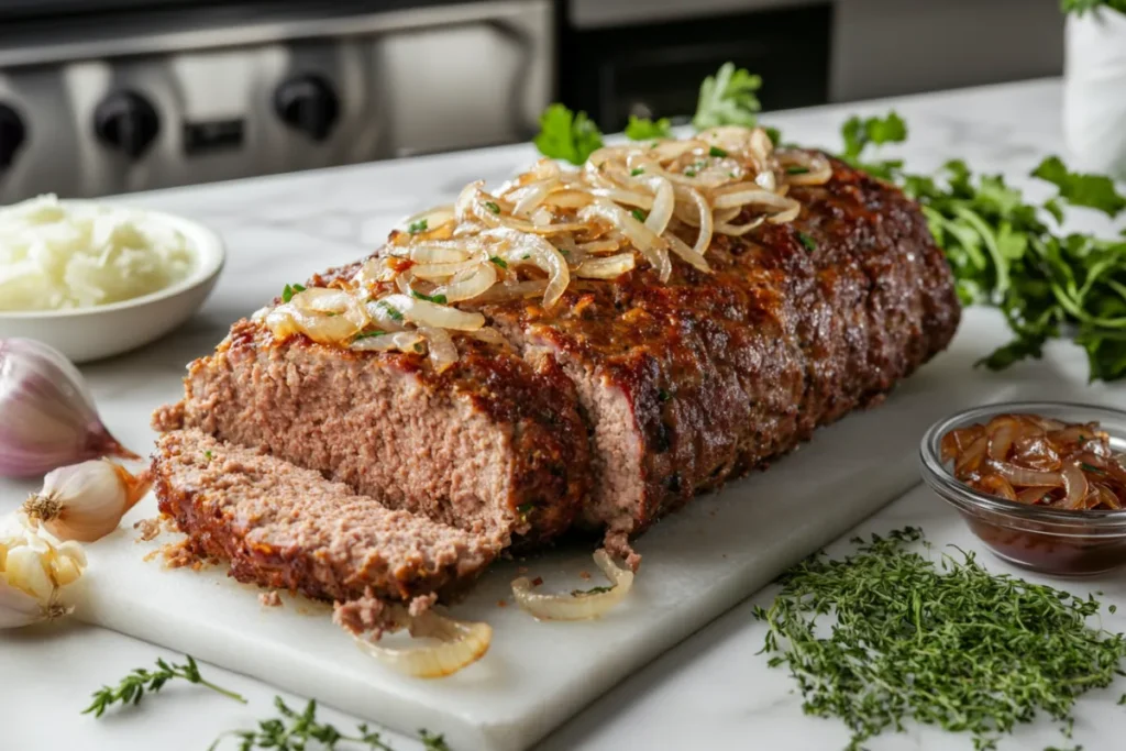 Close-up of sliced meatloaf with cooked onions on a marble countertop.