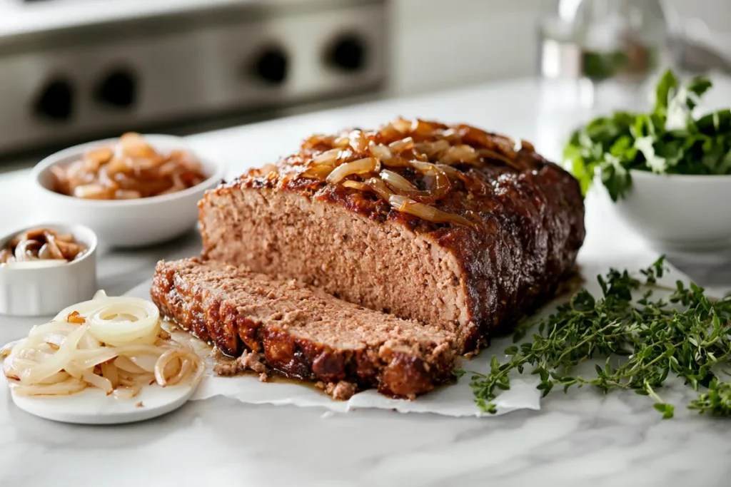 Close-up of sliced meatloaf with cooked onions on a marble countertop.