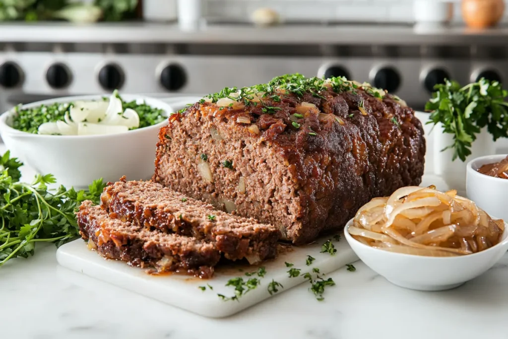 Close-up of sliced meatloaf with cooked onions on a marble countertop.