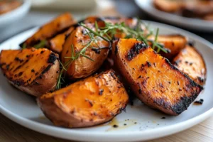 Perfectly cooked sweet potato cubes with a crispy exterior, fresh out of the air fryer, served in a bowl