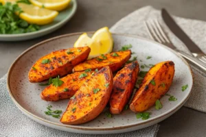 Perfectly cooked sweet potato cubes with a crispy exterior, fresh out of the air fryer, served in a bowl