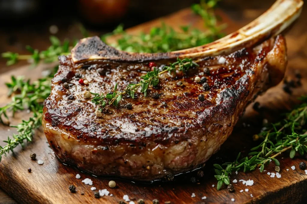 Perfectly cooked Tomahawk steak with a charred exterior, resting on a wooden cutting board, garnished with fresh herbs and sea salt, with the bone prominently displayed.