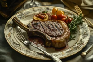 Perfectly cooked Tomahawk steak with a charred exterior, resting on a wooden cutting board, garnished with fresh herbs and sea salt, with the bone prominently displayed.