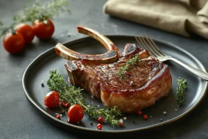 Perfectly cooked Tomahawk steak with a charred exterior, resting on a wooden cutting board, garnished with fresh herbs and sea salt, with the bone prominently displayed.