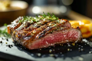 Perfectly cooked Tomahawk steak with a charred exterior, resting on a wooden cutting board, garnished with fresh herbs and sea salt, with the bone prominently displayed.