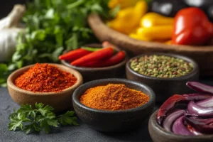 Top-down view of a homemade fajita seasoning blend in a bowl, surrounded by key ingredients like chili powder, paprika, oregano, garlic powder, and onion powder.