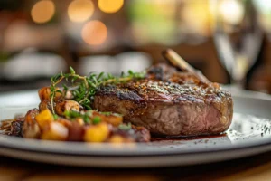 Tomahawk steak displayed on a wooden cutting board, showcasing its long bone and juicy, medium-rare slices, with garnishes of rosemary and sea salt.