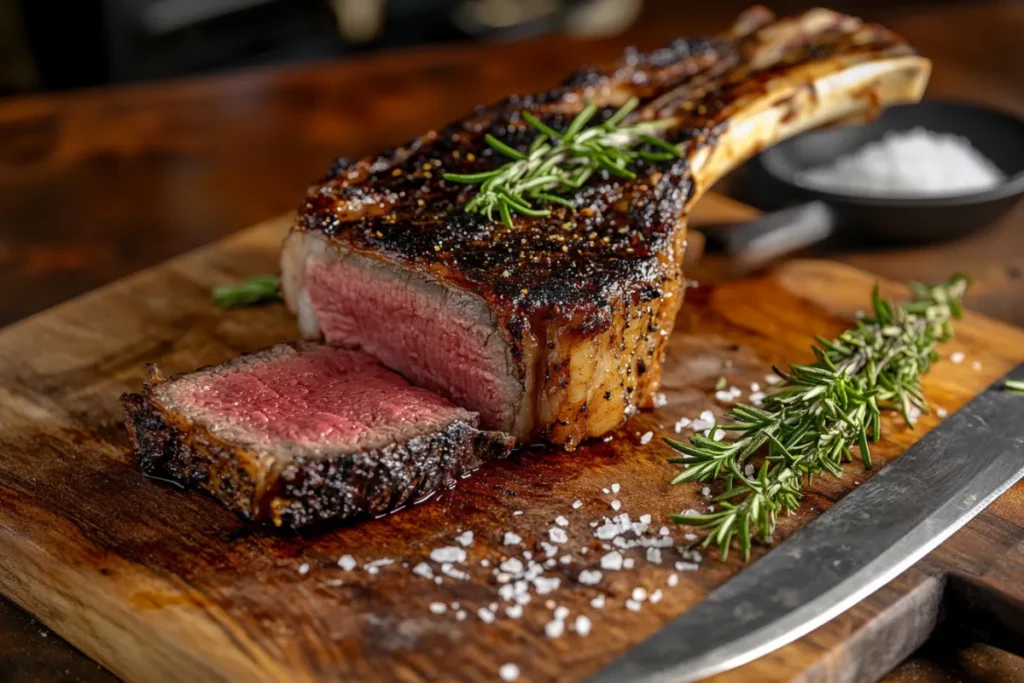 Tomahawk steak displayed on a wooden cutting board, showcasing its long bone and juicy, medium-rare slices, with garnishes of rosemary and sea salt.