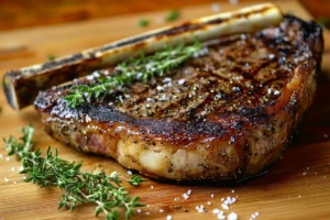 Tomahawk steak displayed on a wooden cutting board, showcasing its long bone and juicy, medium-rare slices, with garnishes of rosemary and sea salt.