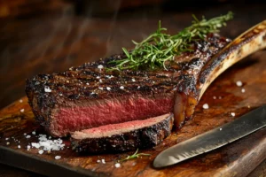 Tomahawk steak displayed on a wooden cutting board, showcasing its long bone and juicy, medium-rare slices, with garnishes of rosemary and sea salt.