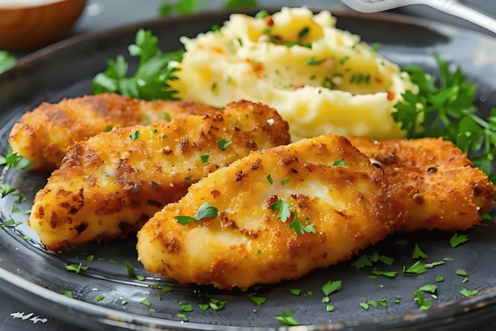 Image of Parmesan crusted chicken on a plate, showing the crispy golden crust made with Parmesan cheese and breadcrumbs, highlighting key ingredients.