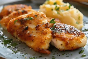 Image of Parmesan crusted chicken on a plate, showing the crispy golden crust made with Parmesan cheese and breadcrumbs, highlighting key ingredients.