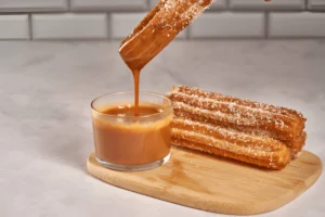 Close-up image of churros filled with dulce de leche and chocolate, showcasing the rich, creamy fillings inside crispy churro shells.