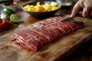 Slicing rested steak against the grain on a cutting board, revealing the tender and juicy interior of the meat.