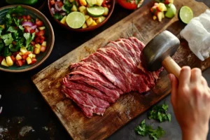 Slicing rested steak against the grain on a cutting board, revealing the tender and juicy interior of the meat.