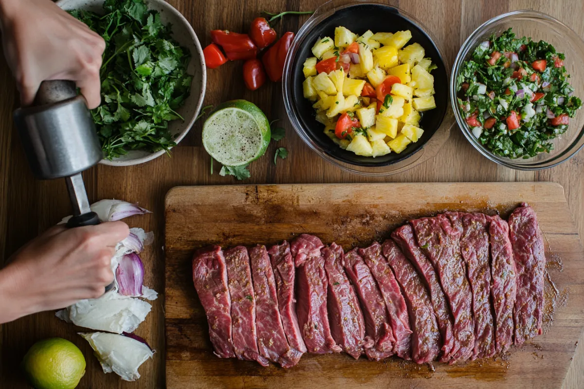 What is the Best Way to Tenderize Fajita Meat? Slicing rested steak against the grain on a cutting board, revealing the tender and juicy interior of the meat.