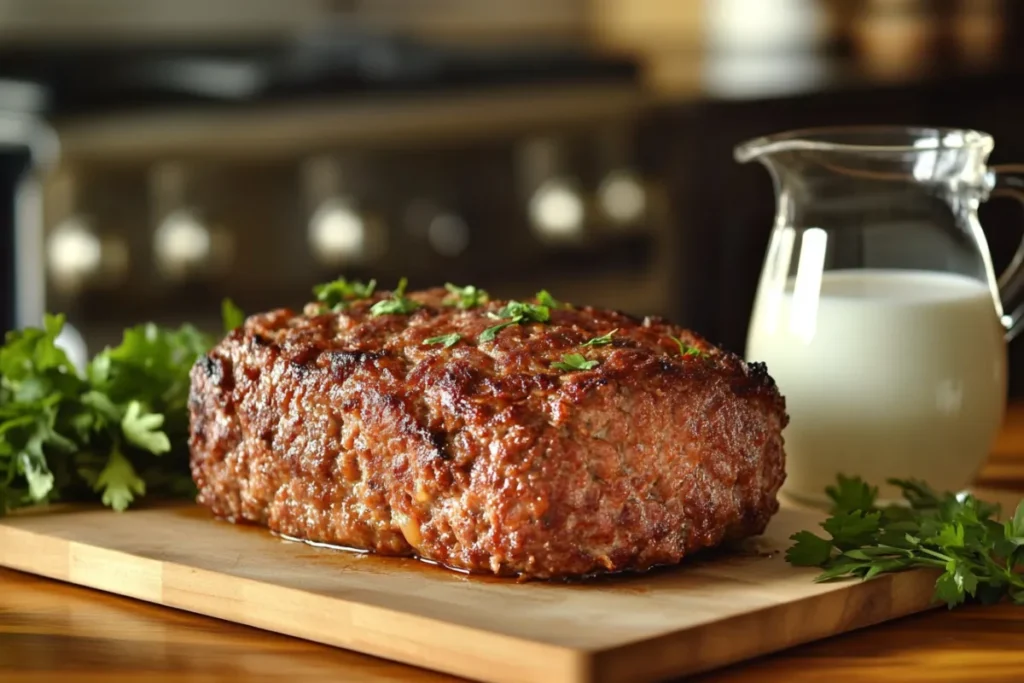 Close-up of a golden-brown meatloaf on a cutting board in a modern kitchen, showcasing its moist interior with a small glass pitcher of milk beside it, highlighting the use of milk in the recipe.