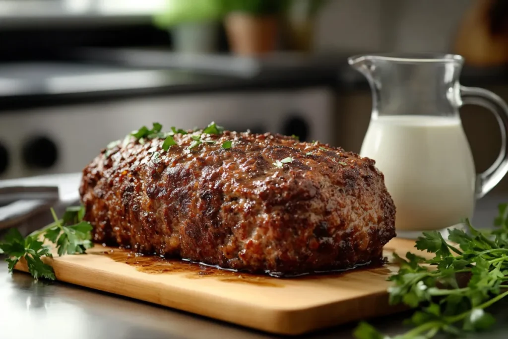 Close-up of a golden-brown meatloaf on a cutting board in a modern kitchen, showcasing its moist interior with a small glass pitcher of milk beside it, highlighting the use of milk in the recipe.