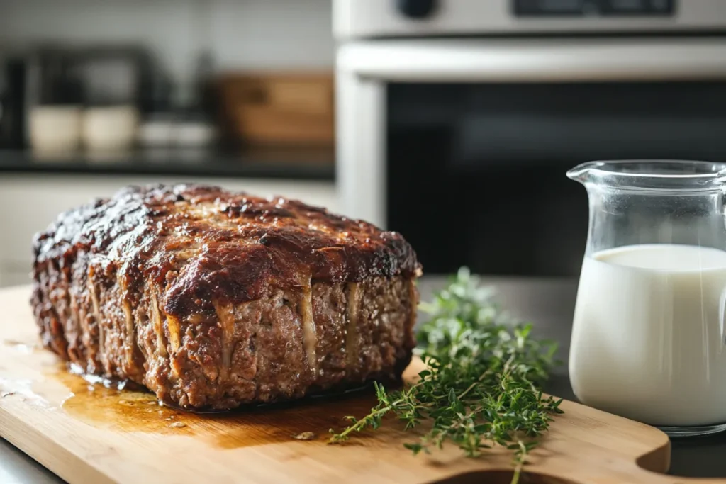 Close-up of a golden-brown meatloaf on a cutting board in a modern kitchen, showcasing its moist interior with a small glass pitcher of milk beside it, highlighting the use of milk in the recipe.