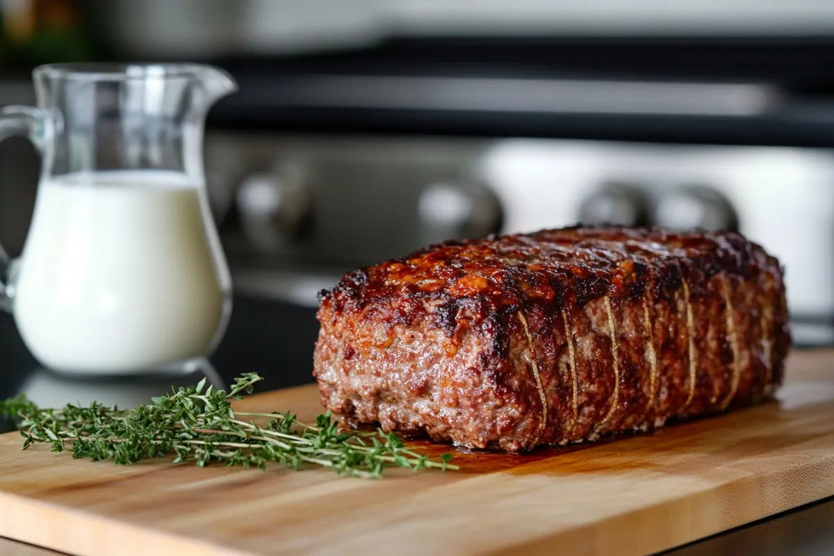 Close-up of a golden-brown meatloaf on a cutting board in a modern kitchen, showcasing its moist interior with a small glass pitcher of milk beside it, highlighting the use of milk in the recipe.