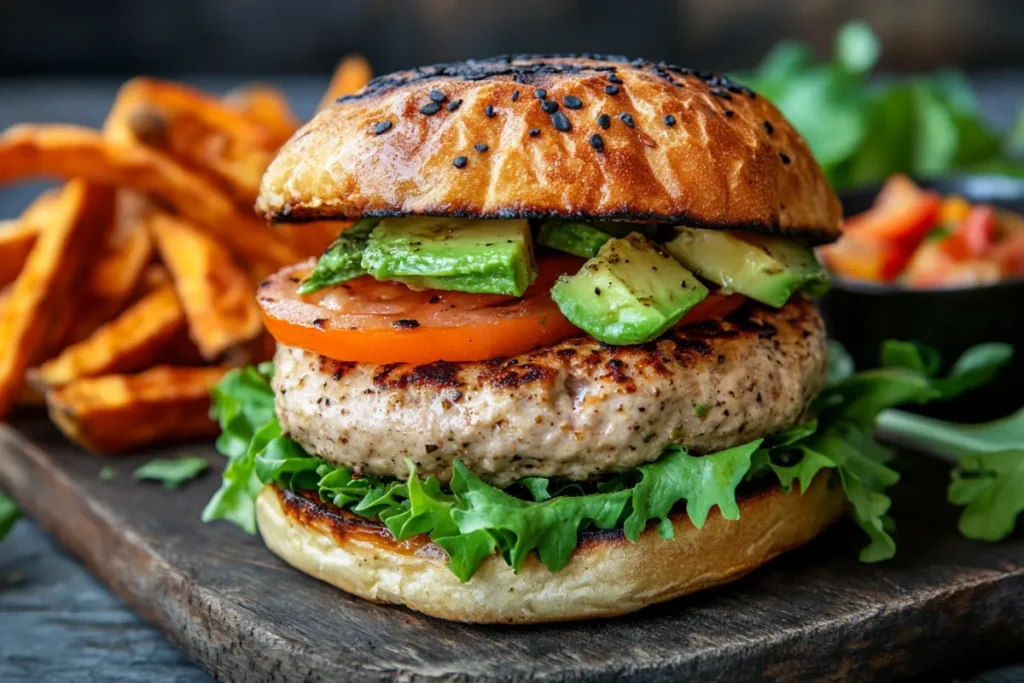 Juicy air fryer turkey burger with fresh lettuce, tomato, and avocado on a toasted bun, served with a side of crispy sweet potato fries on a rustic wooden table.