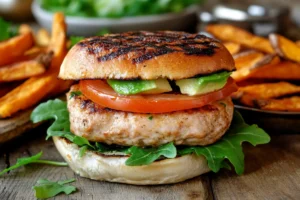 Juicy air fryer turkey burger with fresh lettuce, tomato, and avocado on a toasted bun, served with a side of crispy sweet potato fries on a rustic wooden table.