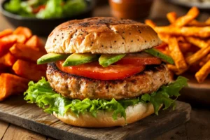 Juicy air fryer turkey burger with fresh lettuce, tomato, and avocado on a toasted bun, served with a side of crispy sweet potato fries on a rustic wooden table.