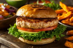 Juicy air fryer turkey burger with fresh lettuce, tomato, and avocado on a toasted bun, served with a side of crispy sweet potato fries on a rustic wooden table.