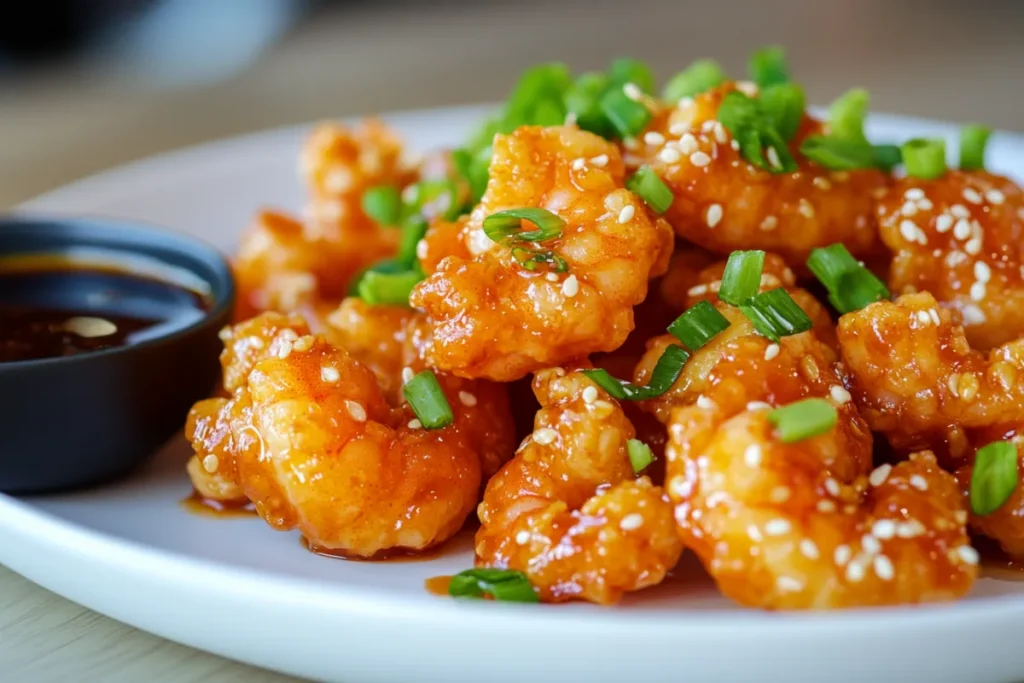 Beautifully plated Boom Boom Shrimp on a white plate, garnished with green onions and sesame seeds, with a side of spicy Boom Boom sauce.